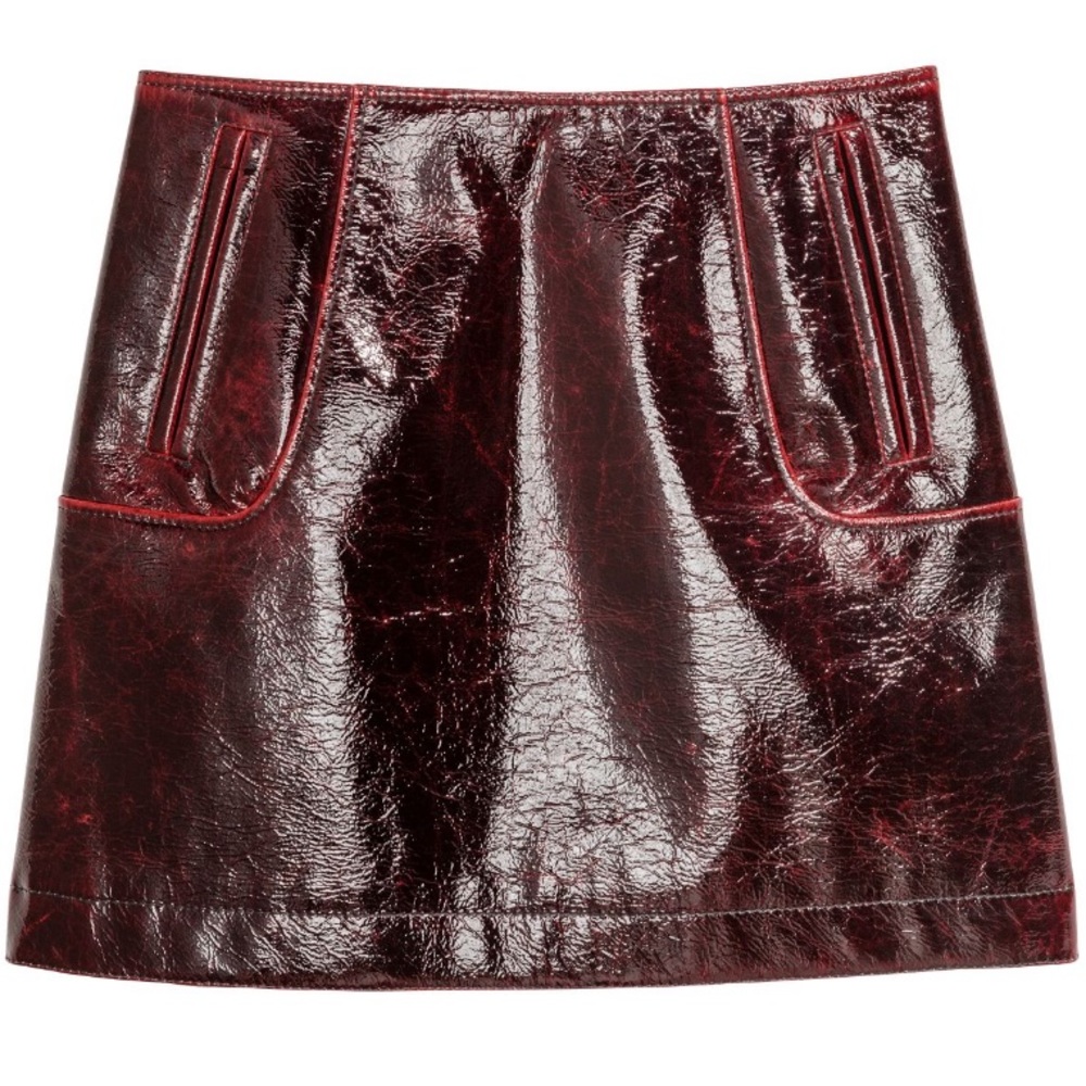 Wool blend patent leather mini skirt